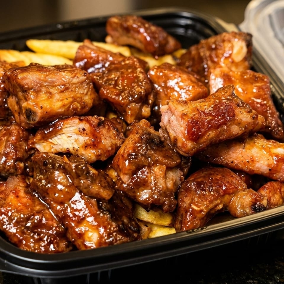 Barbecue glazed ribs and french fries in a black takeout container.
