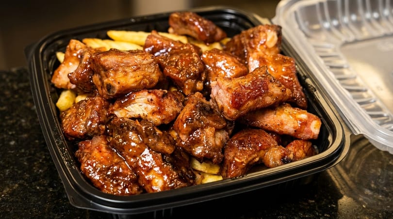 Saucy ribs and crispy fries in a black takeout container with a clear lid.