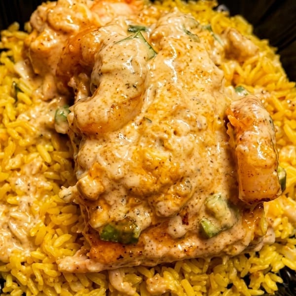 Creamy shrimp and rice dish with green vegetables in a black to-go box.