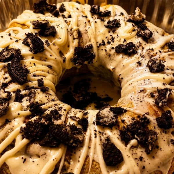 Bundt cake with white frosting and crushed Oreo cookies in a foil pan.