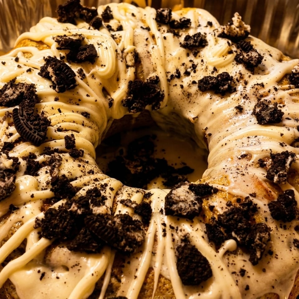 Bundt cake with white frosting and crushed Oreo cookies in a foil pan.