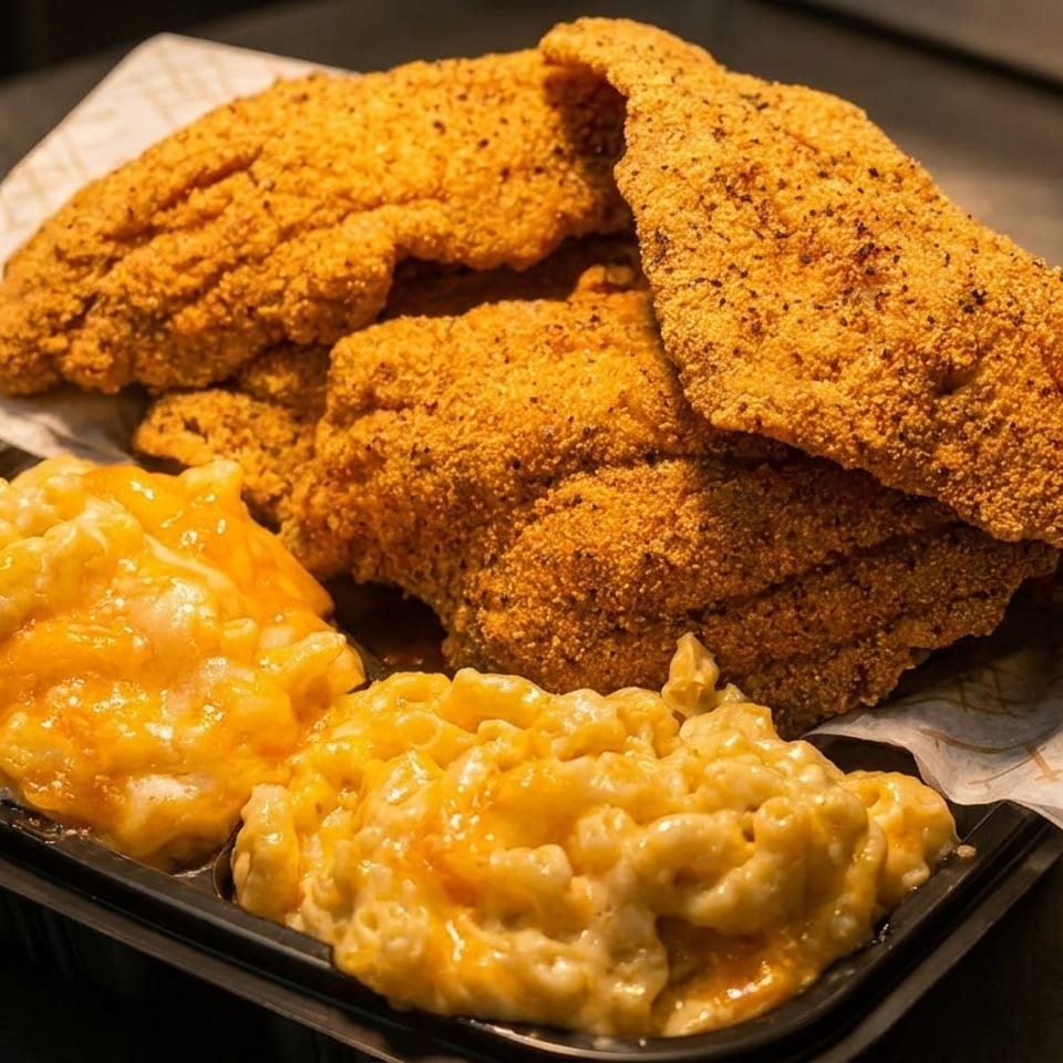 A takeout meal with golden fried fish fillets and two servings of creamy macaroni and cheese.