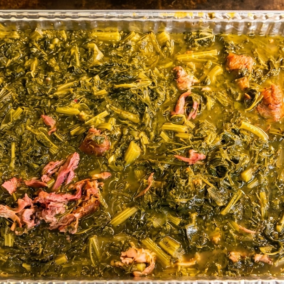 Cooked collard greens with ham hocks in a large aluminum pan.