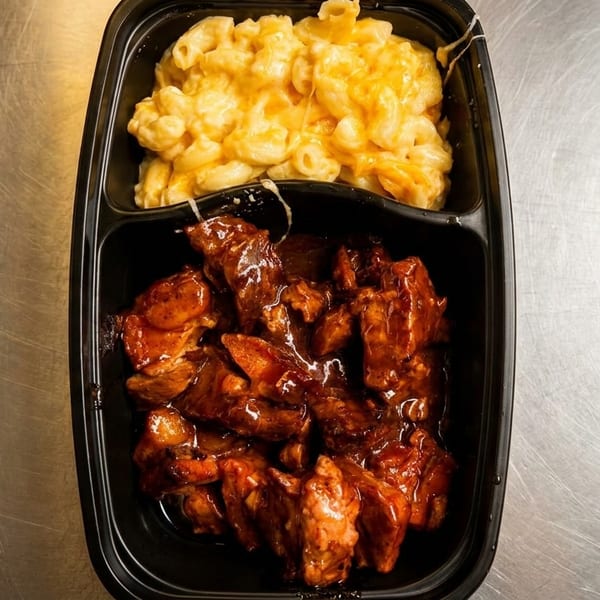 Takeout container with cheesy macaroni and cheese, and saucy BBQ meat on a metal surface.
