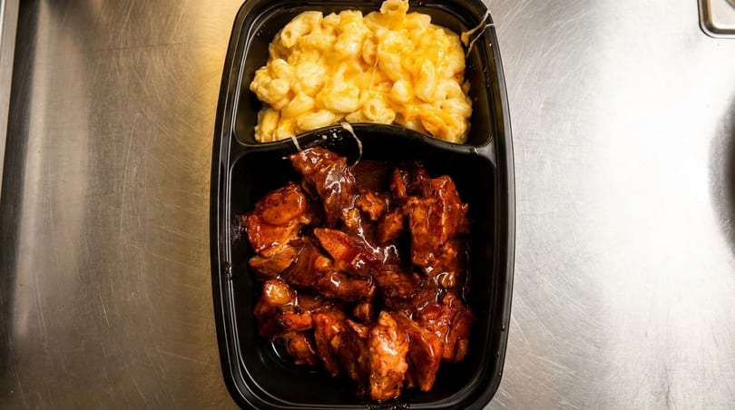 Black takeout container with cheesy macaroni and cheese and saucy BBQ meat on a metal surface.