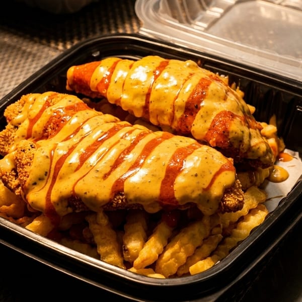 Two sauced fried chicken tenders on crinkle fries in a black takeout container.