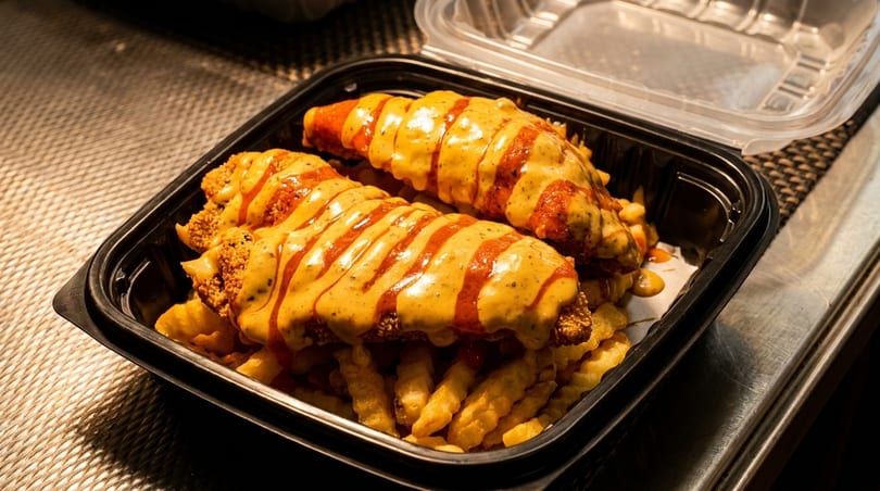 Two sauced fried chicken tenders on crinkle fries in a black takeout container.