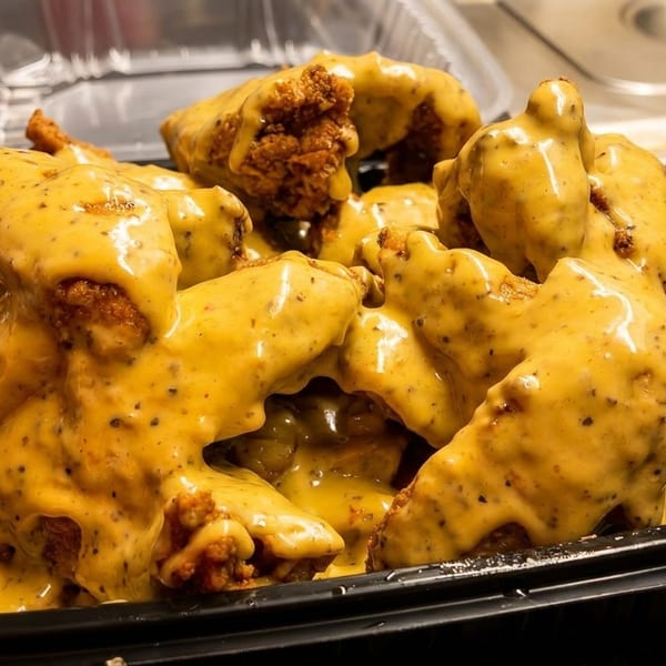 Crispy fried chicken wings generously coated in a creamy, speckled yellow sauce in a takeout container.