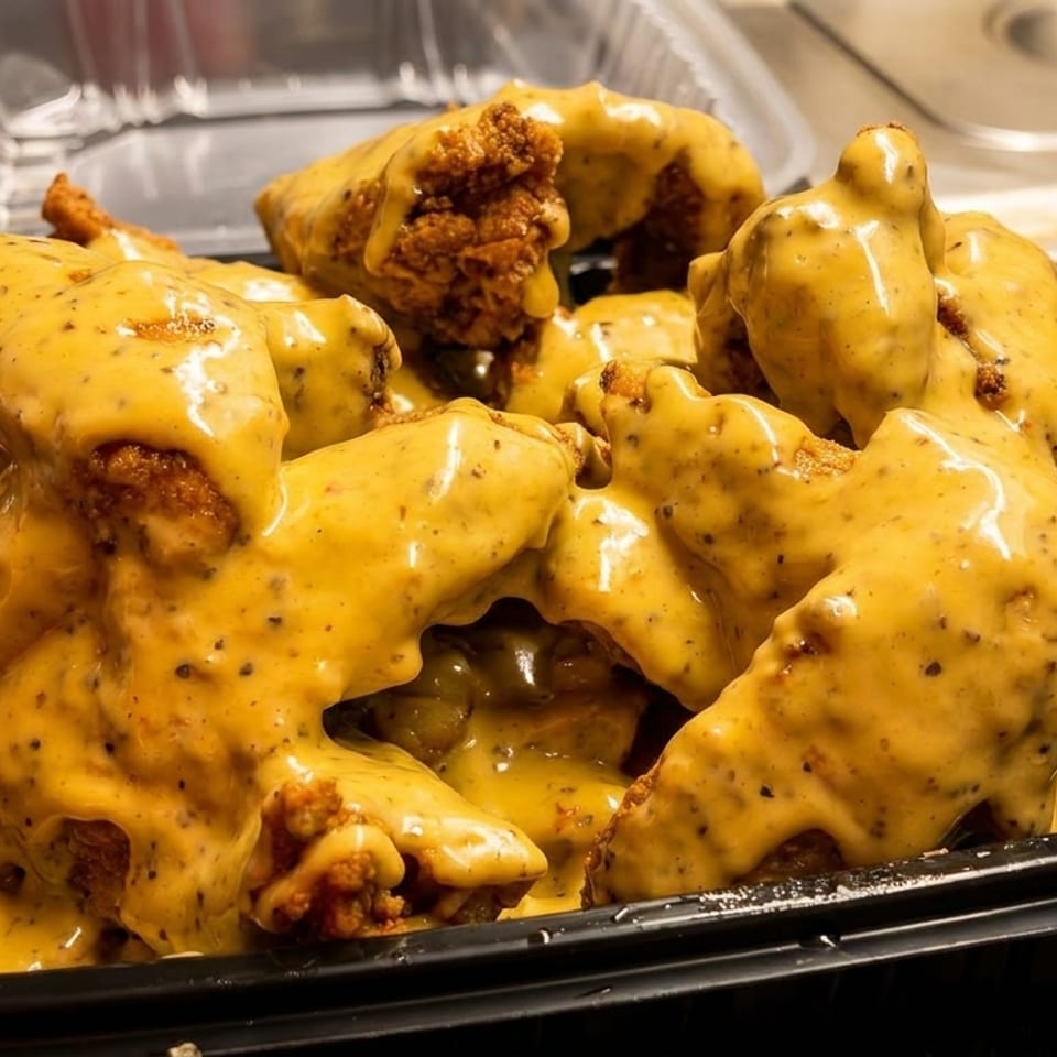 Delicious fried chicken wings covered in a thick, creamy yellow sauce with black specks.